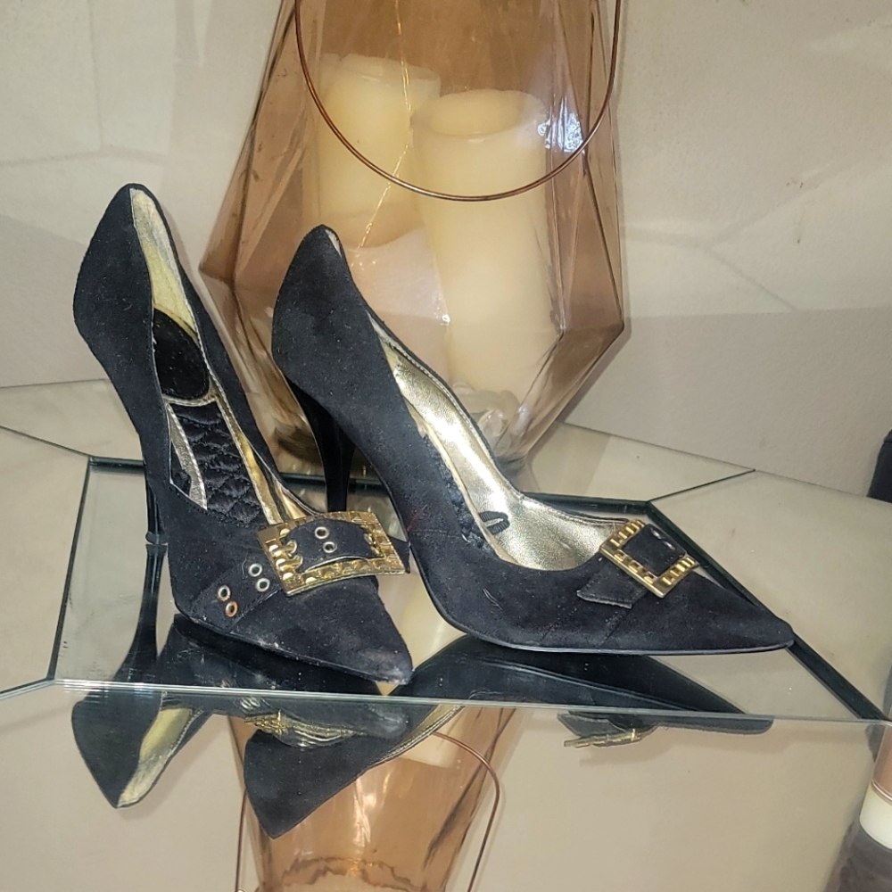 Black fau suede with gold buckle heels